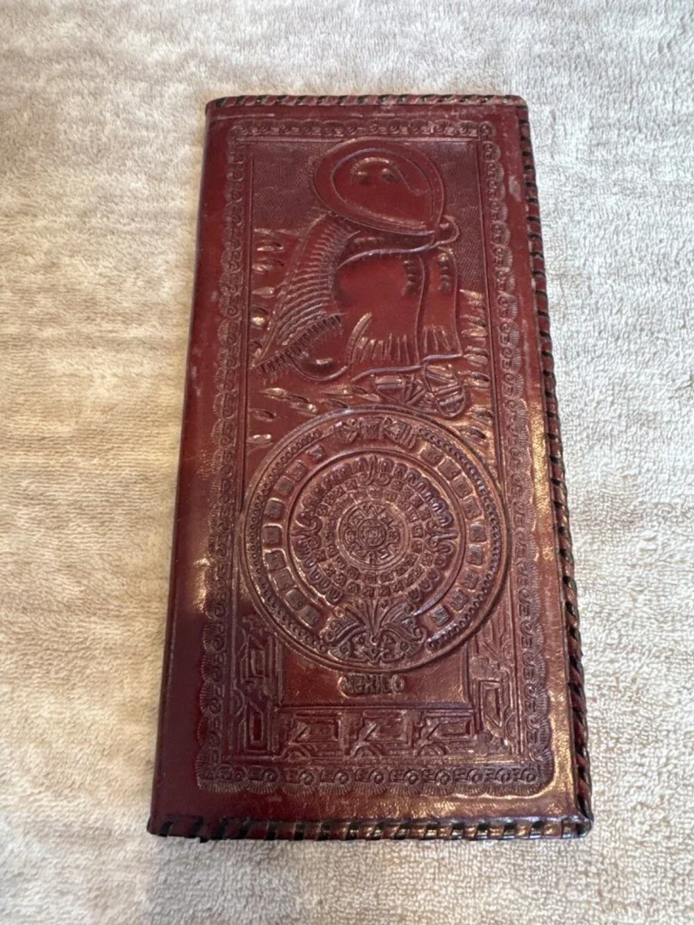 Handcrafted Embossed Leather Wallet Aztec Calendar Design Long Bifold Style